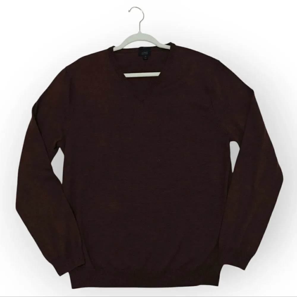 NWOT J. Crew 100% Merino Wool Brown V-Neck Sweater Fine Knit Sz XL